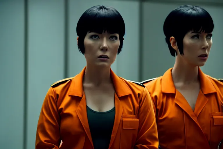 Prompt: major motoko wearing an orange prison jumpsuit, photography by fred palacio medium full shot still from bladerunner 2 0 4 9, sci fi, bladerunner, canon eos r 3, f / 3, iso 2 0 0, 1 / 1 6 0 s, 8 k, raw, unedited