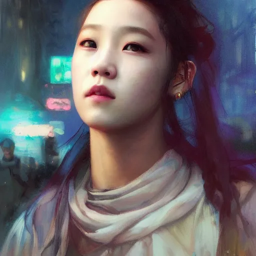 Image similar to jisoo of blackpink, hyperrealistic portrait, bladerunner street, art of elysium by jeremy mann and alphonse mucha, fantasy art, photo realistic, dynamic lighting, artstation, poster, volumetric lighting, very detailed face, 8 k, award winning