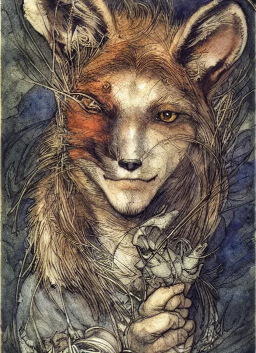 Prompt: portrait of a fox - faced theif, human features, dnd, gwelf, highly detailed, perfect lighting, watercolor and ink illustration, muted colors. perfect composition, 4 k, by brian froud, larry macdougall, jean - baptiste monge, arthur rackham