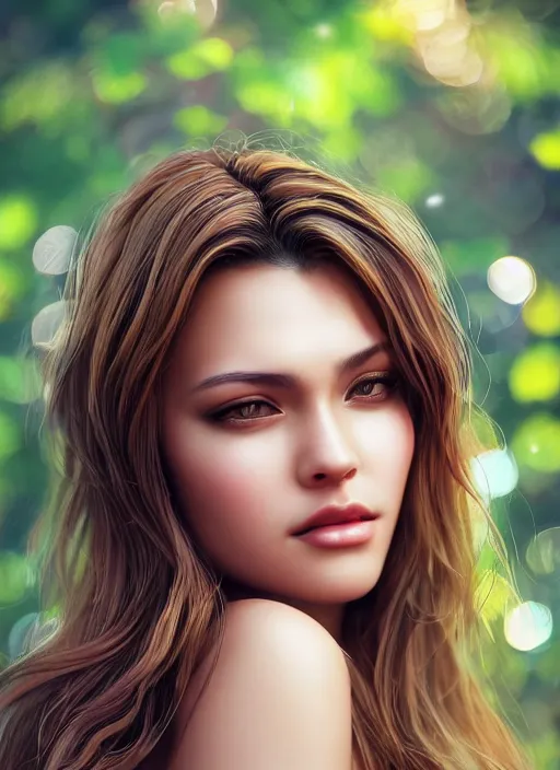 Image similar to photo of a gorgeous female in the style of stefan kostic, realistic, half body shot, sharp focus, 8 k high definition, insanely detailed, intricate, elegant, art by stanley lau and artgerm, extreme bokeh foliage