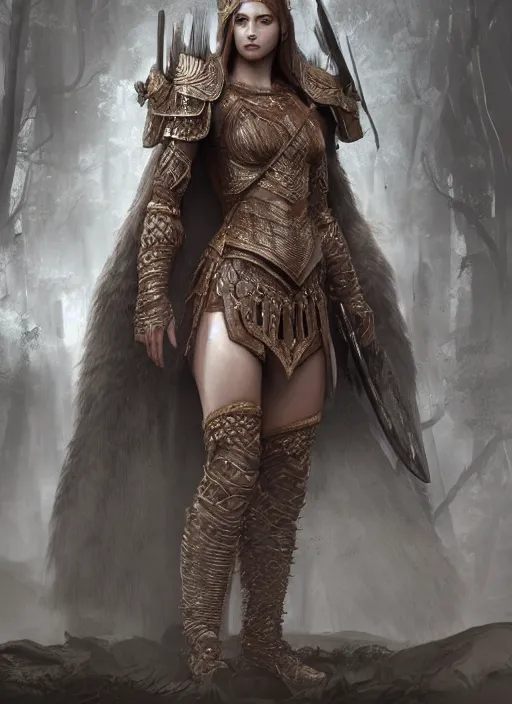 Image similar to detailed full body concept art illustration matte painting of a female warrior princess in full intricate clothing, ultra detailed, digital art, octane render, 4K, dystopian, micro details