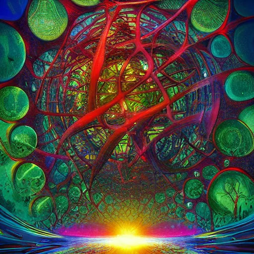 Prompt: the incredible trippy interwoven sorry apophasis matrix universe nature beautiful sunshine beautiful forest of cybernetic networking realistic apophasis nuclear time stoppages reality shift warp by greg rutowski and james gurney artstation