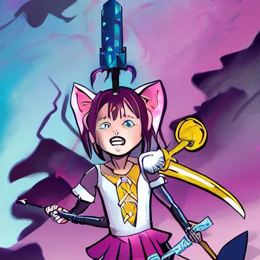 Image similar to a fierce looking 7 year old girl with cat ears, yelling, raising a scepter above her head, angry cats running in front of her futuristic medium shot, highly coherent, saga comic, fiona staples