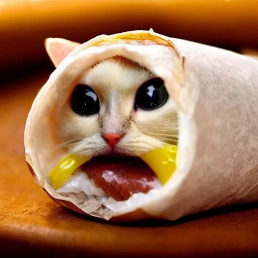 Prompt: a cute cat trapped in a burrito, covered in ketchup and mayonnaise