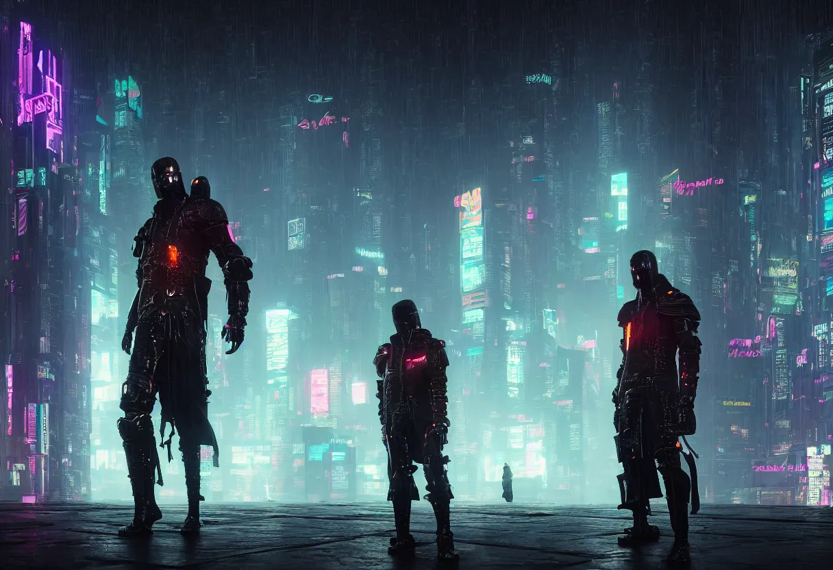 Prompt: an epic portrait of a cyberpunk knight cloak posing in a foggy megacity, Night City, cyberpunk 2077, brutalist international futurist, muted neon and constant rain and fog, unreal 5, DAZ, detailed, soft focus, brilliant colors, high contrast, brilliant highlights, 4k, 8k, HD, trending on artstation, trending on DeviantArt, painting oil on canvas illustration by Alena Aenmai by Wayne Barlowe by Gerald Brom by Noah Bradley by Thomas Kincade