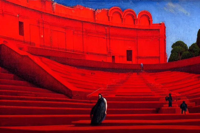 Image similar to only with red, a red great emperor, taormina amphitheatre, crowd with big smile, in the style of beksinski, parts by edward hopper, parts by rodcenko, parts by yue minjun, intricate and epic composition, red by caravaggio, insanely quality, highly detailed, masterpiece, red light, artstation, 4 k