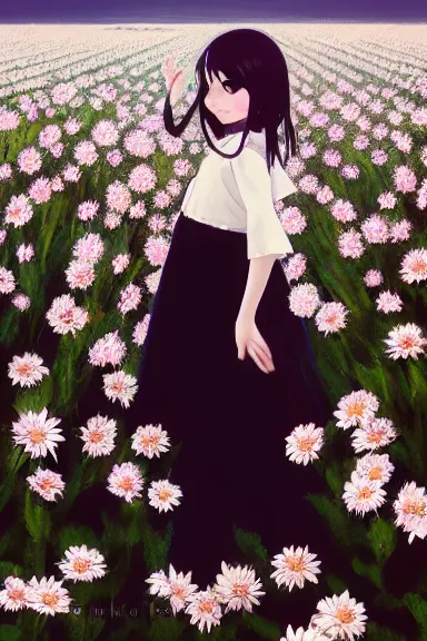 Image similar to little girl with her long black hair dressed in a simple white dress lying in a flowery field, anime art style, digital art by ilya kuvshinov, inspired by balthus, hd, 4 k, hyper detailed, rear view