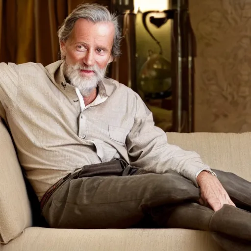 Image similar to cozy wide picture of older handsome lord richard is sitting gracefully on a sofa, his eyes look wise, happy wise. oh he is a human by the way, wear's beige shirt, has firm skin and bouncy belly