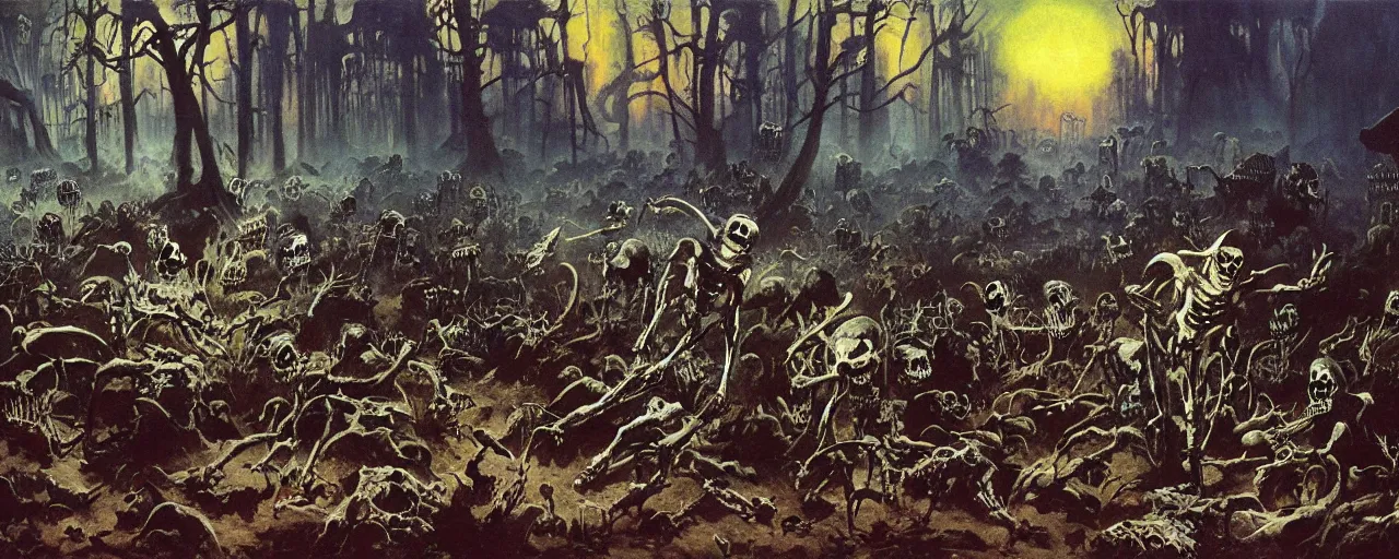 Image similar to frazetta painting of forest of souls filled with skeletons on the ground, nighttime ,daytime , backlight , detailed visible brushmarks