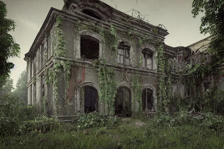 Prompt: ruined, abandoned polish mansion, seen from inside and overgrown by plants. Low camera angle. 40 mm lens. First light of day falls through the broken windows. Dirt, leaves on ground. Warm colors. Octane render. Substance painter. Zbrush. Trending on artstation. 8K. Highly detailed.