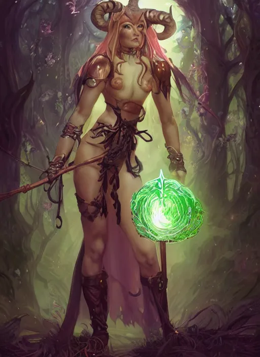 Prompt: cute Tiefling Druid with long horns, colorful leaves on light leather armor, holding tree staff, ,demon tail light-brown skin, highly detailed, digital painting, artstation, concept art, sharp focus, illustration, art by artgerm and greg rutkowski and alphonse mucha
