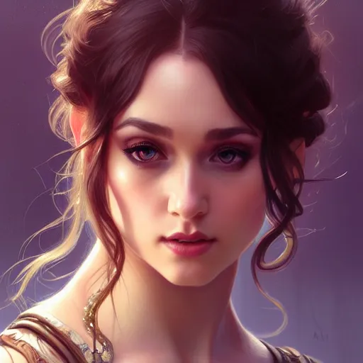 Image similar to courtney miller from smosh, closeup, d & d style, fantasy, intricate, elegant, highly detailed, digital painting, artstation, concept art, matte, sharp focus, illustration, art by artgerm and greg rutkowski and alphonse mucha