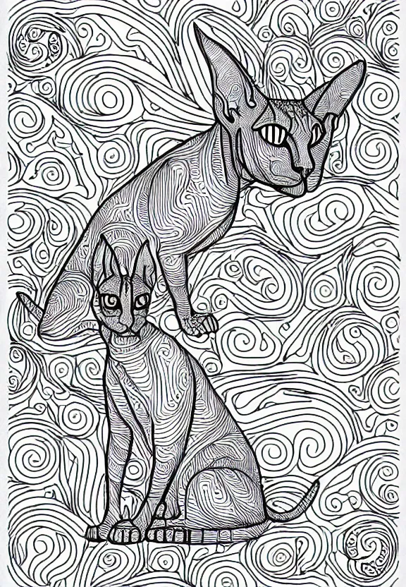 Image similar to sphynx cat statue ornaments fractal ink drawing line art colouring page, vector, margins, fine lines, centered