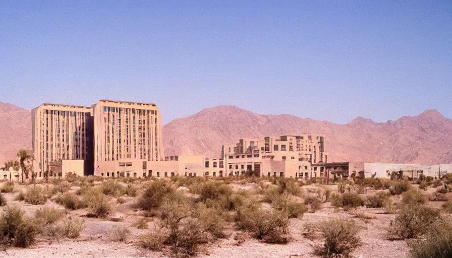 Prompt: 1 9 7 0 s movie still of a empty mammoth stalinist style town with high - rise in the desert, cinestill 8 0 0 t 3 5 mm eastmancolor, heavy grain, high quality, high detailed