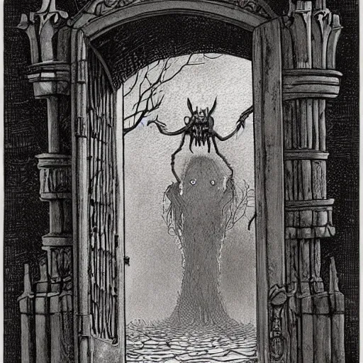 Image similar to In the center of the illustration is a large gateway that seems to lead into abyss of darkness. On either side of the gateway are two figures, one a demon-like creature, the other a skeletal figure. by Charles Vess haunting