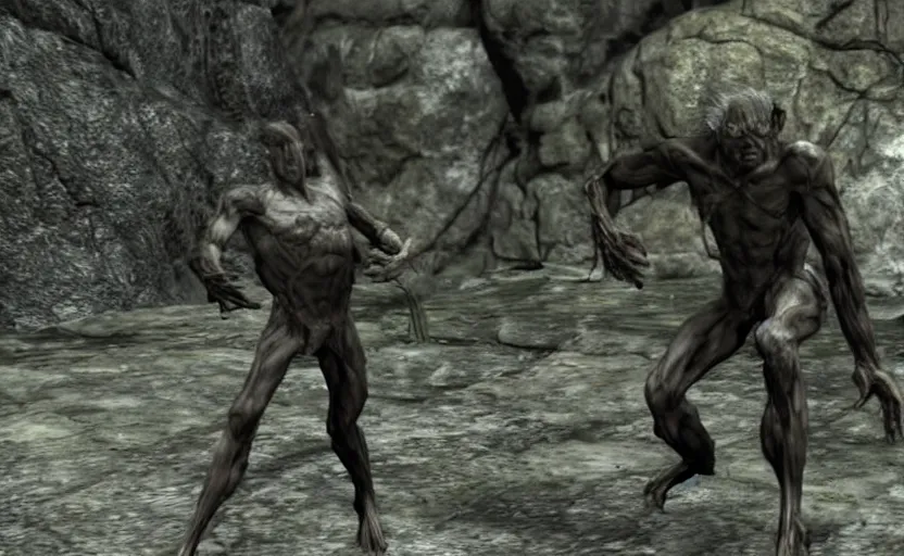 Image similar to a screenshot of gollum in metal gear solid 3,