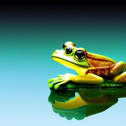 Image similar to macro ultra closeup diorama digital illustration of a frog meditating. the meditating zen frog is levitating in the air above a lily pad. the meditating frog is surrounded by the liquid translucent clear water of the pond. iridescent gradients, f / 1. 8, bokeh, 4 k wallpaper, digital art trending on artstation. screenshot from a pixar movie.