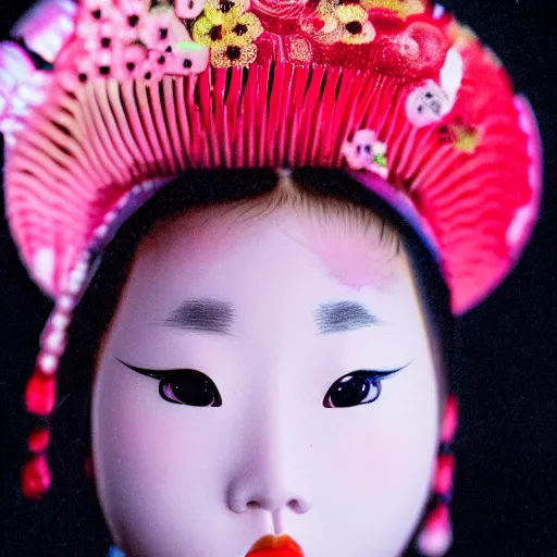 Prompt: 35mm macro shot of an adorable mesmerizing Geisha girl, with blushing red cheeks, with a futuristic braided hairstyle, black scribbles and wiggles, floral imposing background, lowbrow pop surrealism style