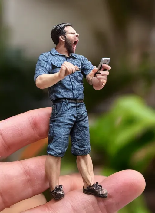 Image similar to 80mm resin detailed miniature of man screaming at his phone, Product Introduction Photos, 4K, Full body,
