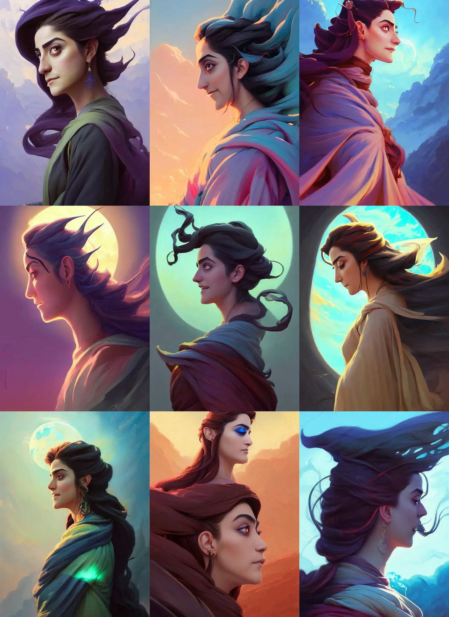 Prompt: side profile centered painted portrait, Maya Ali as a wind sorcerer, D&D, cell-shaded, matte painting concept art, bright backlit, official fanart, 4k, HDR, Art Nouveau, Trending on artstation, Behance, Pinterest, by Jesper Ejsing and RHADS and Makoto Shinkai and Lois van baarle and ilya kuvshinov and rossdraws and Cushart Krentz and Gilleard James