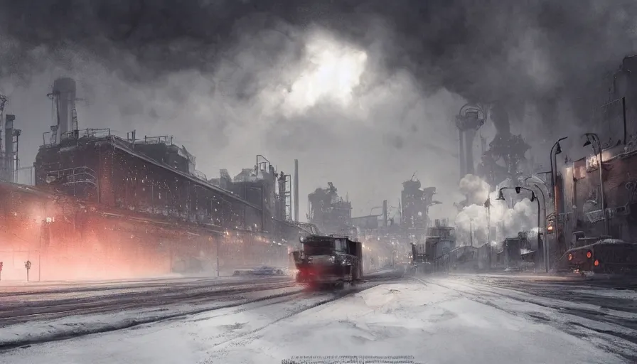 Prompt: Dieselpunk Norilsk city, snow, steam, factory plants with dark smoke in the background, epic composition, intricate, elegant, volumetric lighting, digital painting, highly detailed, artstation, sharp focus, illustration, concept art, ruan jia, steve mccurry