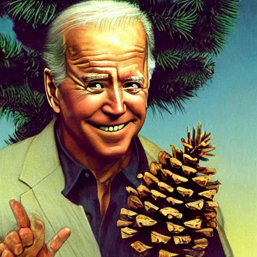 Prompt: joe biden as a pine cone headed man with hard black eyes very surprised, rule of thirds, super sharp, 4 k, ultra detailed, norman rockwell, richard corben.