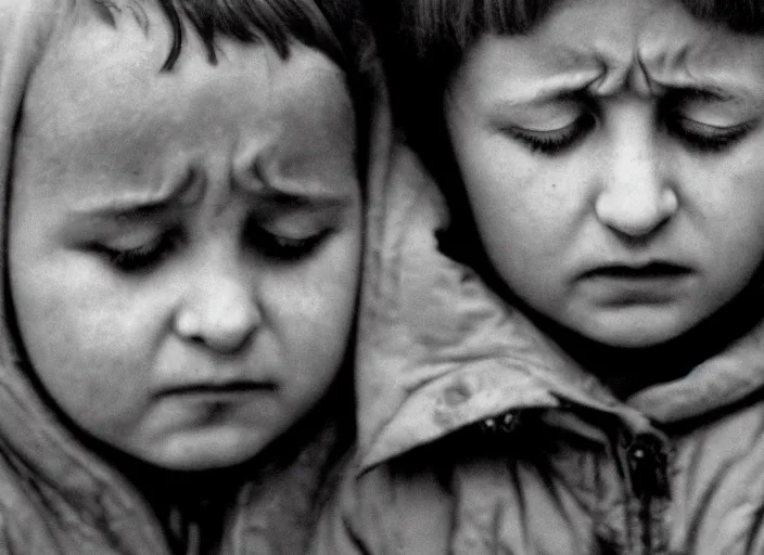 Image similar to high resolution black and white portrait with 8 0 mm f / 1 2 lens of children in chernobyl with eyes closed in grief in 1 9 8 9.