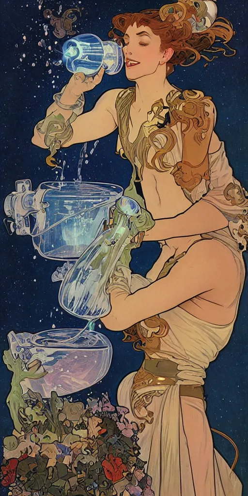 Image similar to a woman wearing outer space as a dress, pouring water from a vase into the milky way, by joe madura, by alphonse mucha, battle chasers.