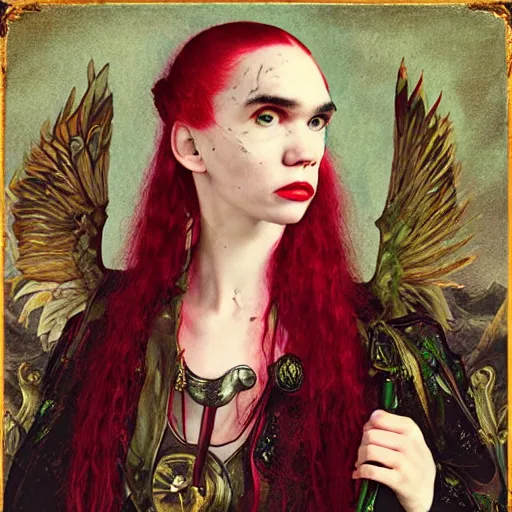 Image similar to album cover of Grimes as a highly detailed super villain character, in a romantic pre-raphaelite style, concept matte