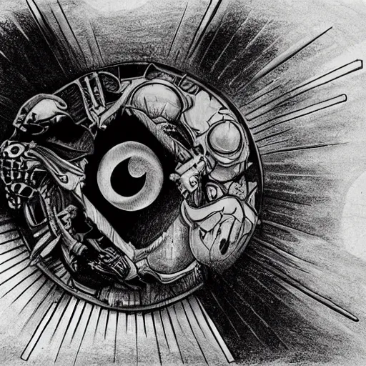 Image similar to a flag with yin - yang symbol on top of a armored battle tank in the middle of a world war 3 battlefield, a detailed pencil drawing by an alien from the future