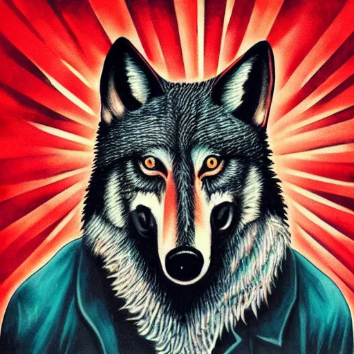 Image similar to portrait of retarded wolf, eyes in different directions, vivid colors, very poor, propaganda style, it looks sick, very ugly face, tongue out