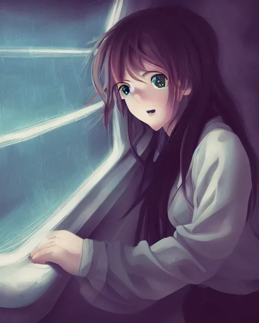 Image similar to a portrait of a teenage girl on a haunted ship, full shot, very anime, digital art, captures emotion and movement, ambient lighting, perfect composition, dynamic lighting, detailed face, smooth shading