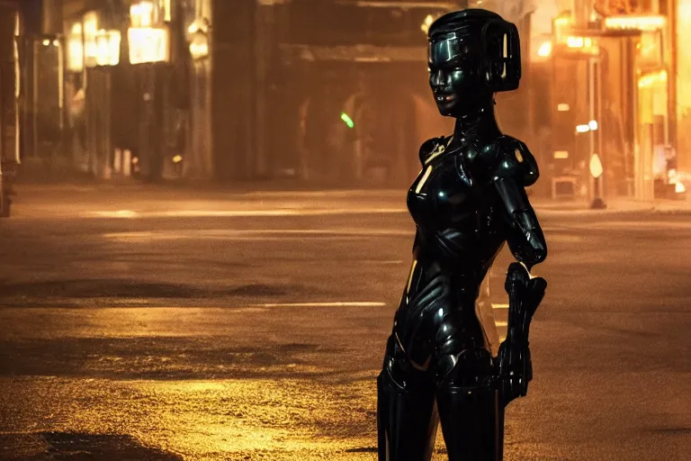 Image similar to VFX movie closeup of a gorgeous futuristic robot woman in black spandex armor in future city, hero pose, beautiful skin, city night lighting by Emmanuel Lubezki