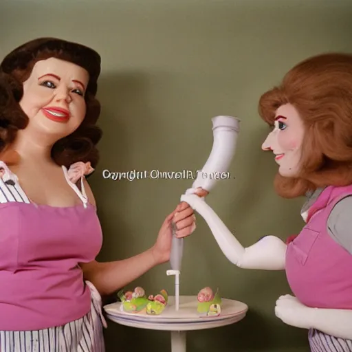 Image similar to 1976 two curvy women in a vintage kitchen baking a cake wearing an inflatable long prosthetic snout nose made of gooey green slime, soft color wearing stripes sitting on chairs covered in soft fabric, pink slime everywhere, grey striped walls, studio lighting 1976 color film archival footage holding a hand puppet that looks like Porky Pig, 16mm Russ Meyer John Waters Almodovar Doris Wishman