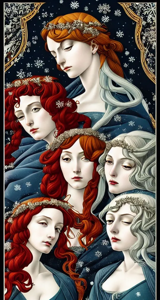 Image similar to the 3 Goddesses of Winter, in a mixed style of Botticelli and Æon Flux, inspired by pre-raphaelite paintings and shoujo manga, surrounded by a harsh icy winter landscape, hyper detailed, stunning inking lines, flat colors, 4K photorealistic