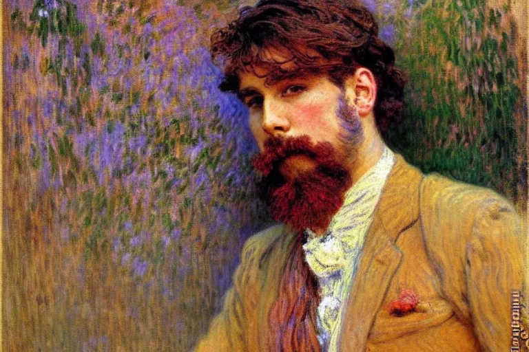 Image similar to attractive male, painting by gaston bussiere, claude monet, alphonse mucha, carl larsson