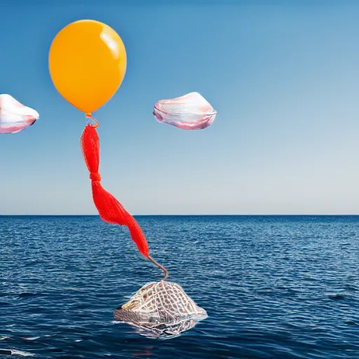 Image similar to a fish floating away from the sea tied to a ballon