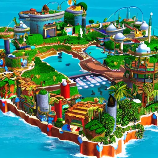 Prompt: realistic delfino plaza from super mario sunshine