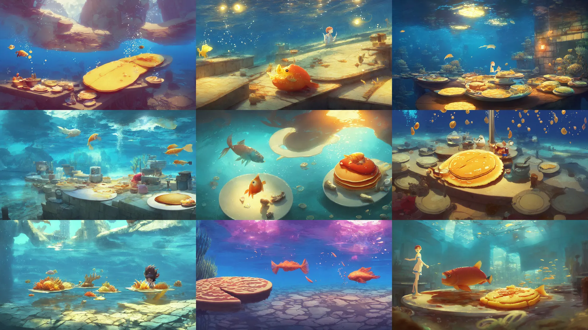 Image similar to digital underwater art of a happy flat pancake fish swimming in syrup, cute, 4 k, fish made of pancake, fantasy food world, living food adorable pancake, vivid atmospheric lighting, by makoto shinkai, studio ghibli, greg rutkowski, ross tran