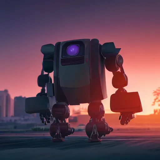 Prompt: a tiny robot foreground view from the back is watching a building that's surrounding by nature, sunset, octane render, cinematic light and atmosphere, 8k