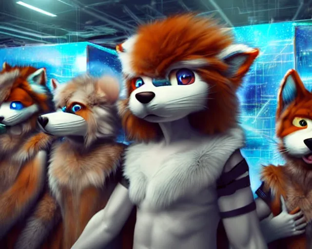 Image similar to high - resolution photograph from a nanopunk era furry fandom convention ( midwest furfest 2 0 4 7 ), taking place after the genetic revolution and singularity. photorealistic.