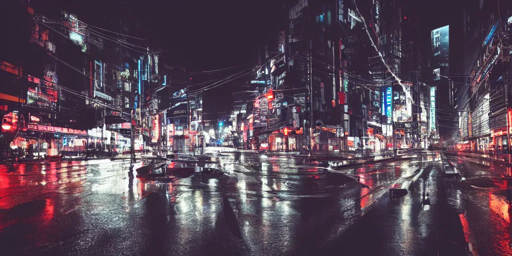 Prompt: a city street at night, raining, photograph, cars on the road, cyberpunk, sharp focus, intricate detail, drone shot, quick shutter speed