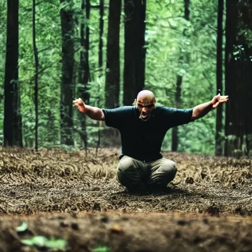 Prompt: A man facing the pit yells into it in the middle of the forest!