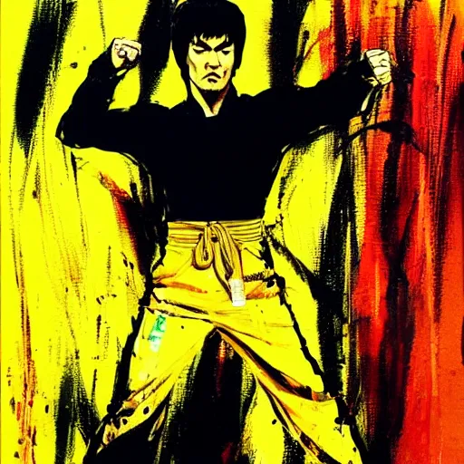 Image similar to Bruce Lee wearing a yellow jumpsuit by Yoji Shinkawa and Ashley Wood