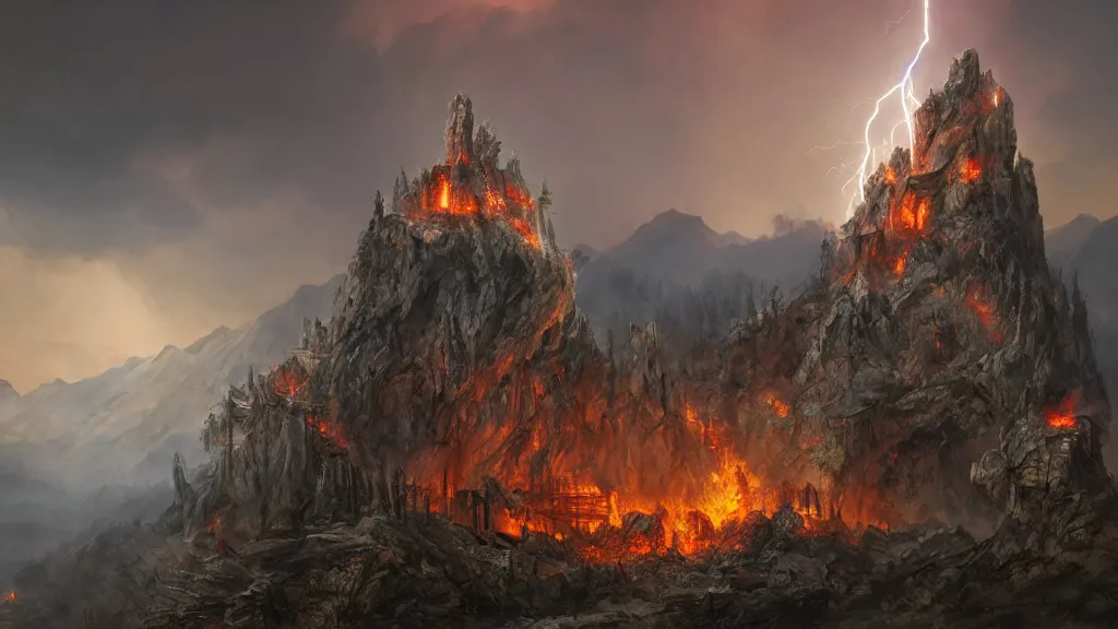 Prompt: evil wizard temple sitting on a cliff near snowy mountains with fire and smoke burining in the background, lightning strikes, volumetric lightning by eugene von guerard, ivan shishkin, dramatic lighting, concept art, trending on artstation, 8 k