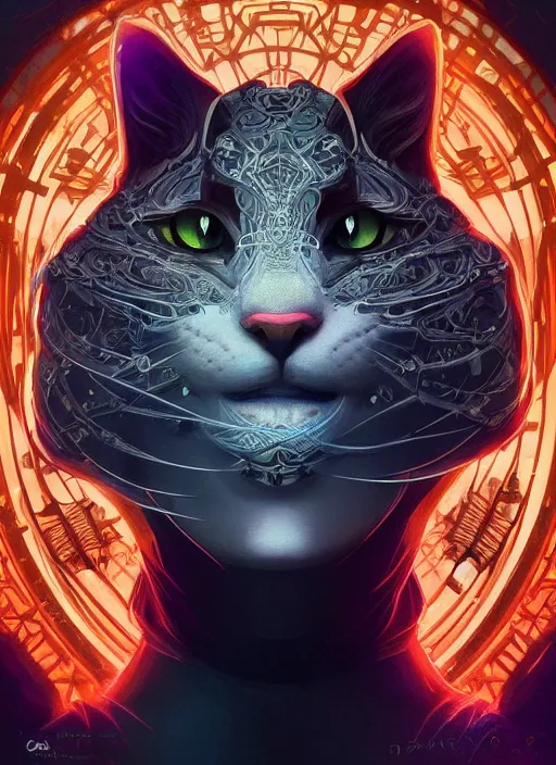 Image similar to symmetry!! portrait of cat alien in the style of horizon zero dawn, machine face, intricate, elegant, highly detailed, digital painting, artstation, concept art, smooth, sharp focus, illustration, art by artgerm and greg rutkowski and alphonse mucha, 8 k