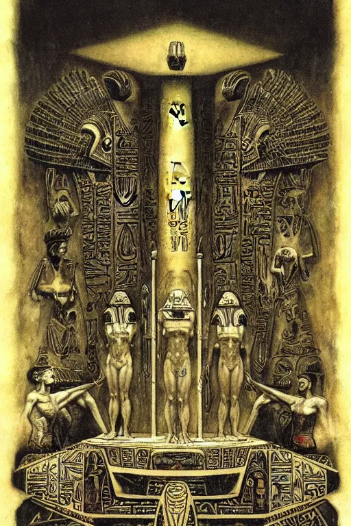 Image similar to occult diagram of mayan and egyptian art by wayne barlowe, gustav moreau, goward,  Gaston Bussiere and roberto ferri, santiago caruso, and austin osman spare, ((((occult art))))