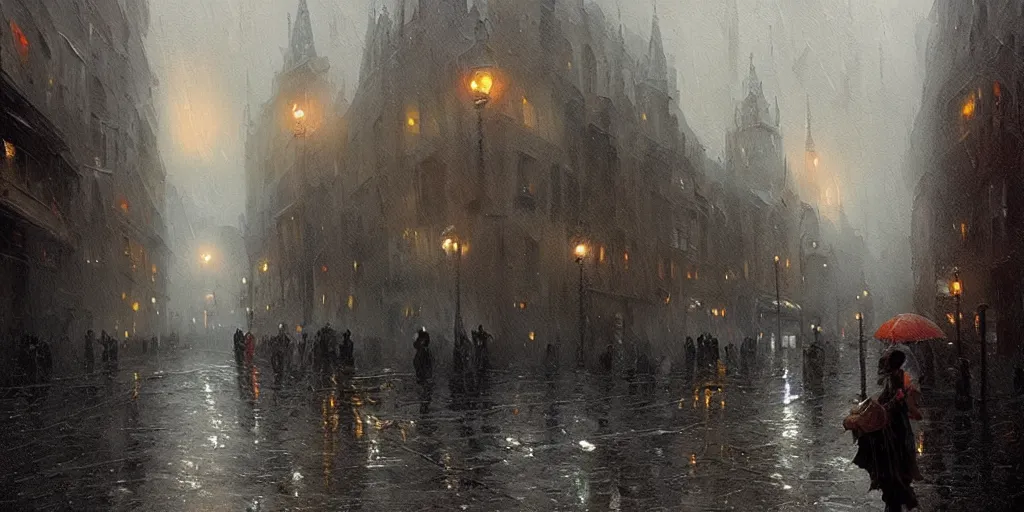 Prompt: an oil painting of a downpour in the middle of the street of a medieval city, moody lighting, fog, dark fantasy, by greg rutkowski, trending on artstation