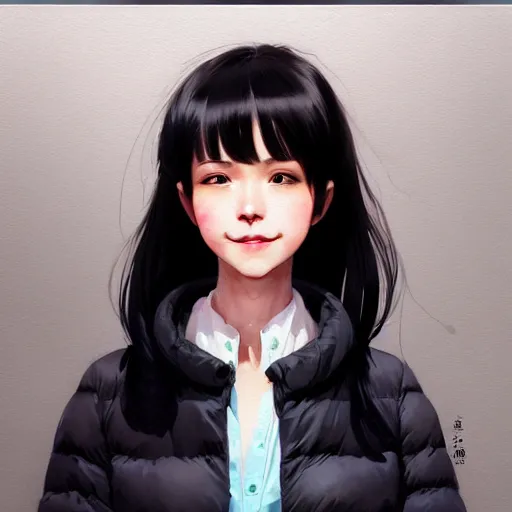 Prompt: character design portrait of a smile grocery asia woman ， black hair, wearing a down jacket, looking at the camera, 4 k, concept art, by wlop, wenjun lin, watercolor, ilya kuvshinov, artgerm, krenz cushart, pixiv.