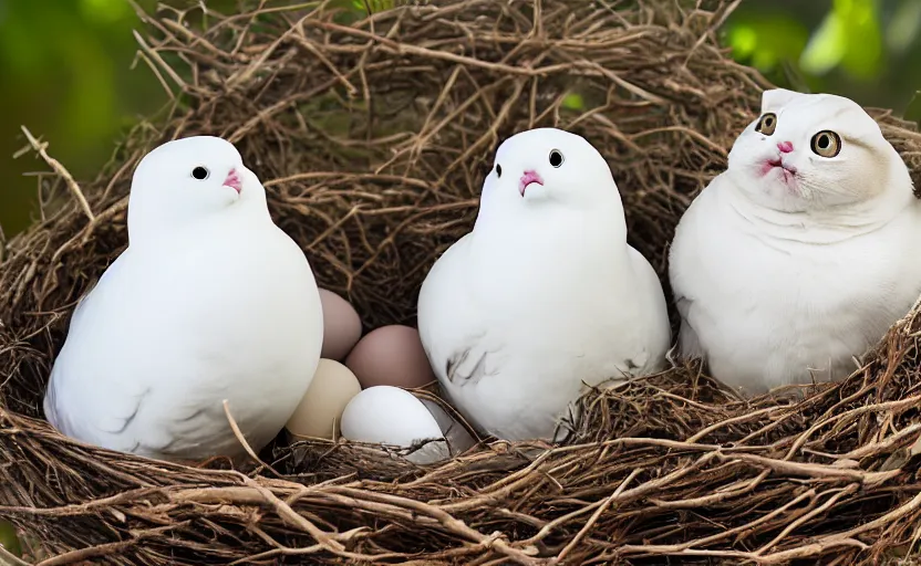 Image similar to A dove and an exotic shorthair cat guarding their eggs in a nest, eggs with faces, white doves, nest is made of sticks, national geographic, odd, depth of field, photorealistic